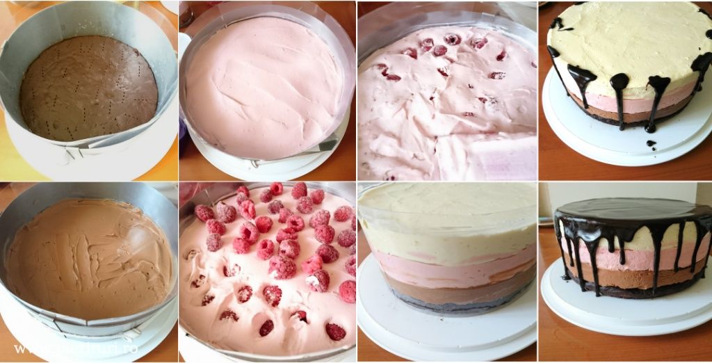 Tort Trio cu crema de branza ciocolata si zmeura